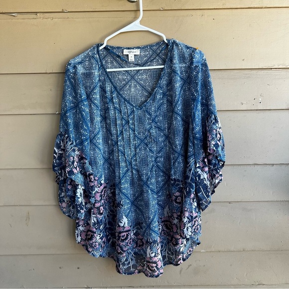 Style & Co. Boho Printed Pleated Top - Size M - Sheer Floral Flowy - Picture 2 of 6